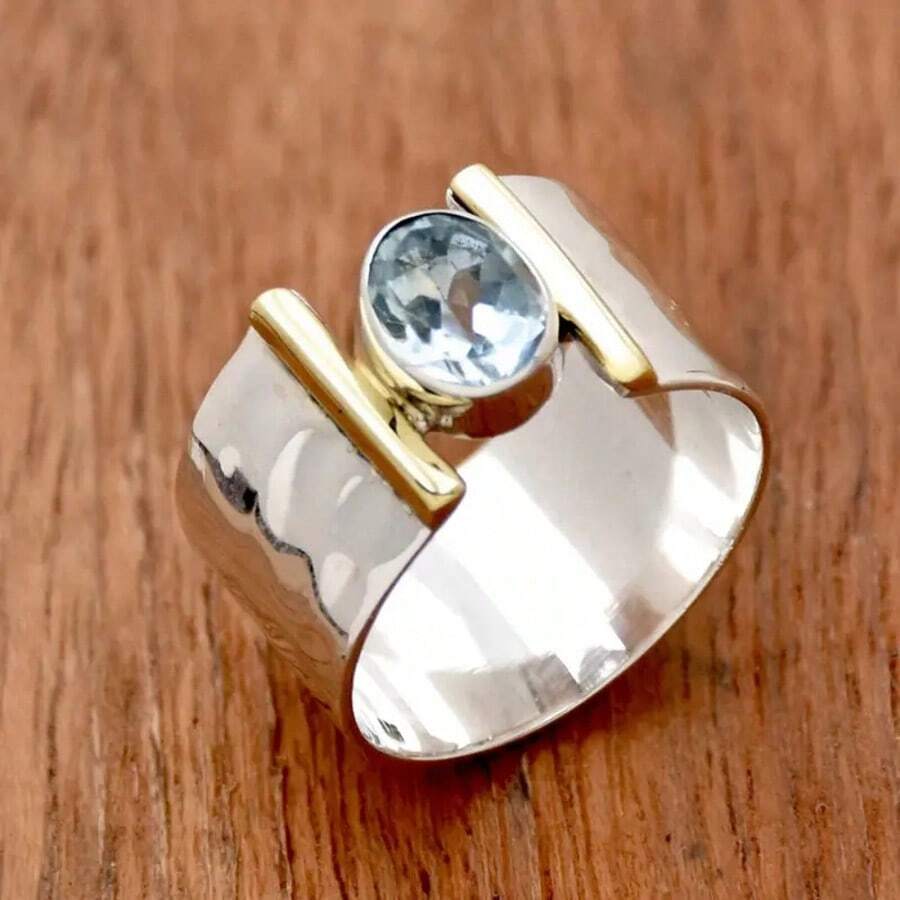 Vintage Blue Cubic Zirconia Ring, Women's Bohemian Silver Ring, Birthstone Ring, Gift For Her - Multicolor - View 1