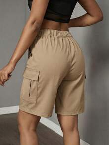 Teen Girls' Elastic Waist Solid Color Casual Utility Shorts, Versatile For Daily Wear - Khaki - View 2