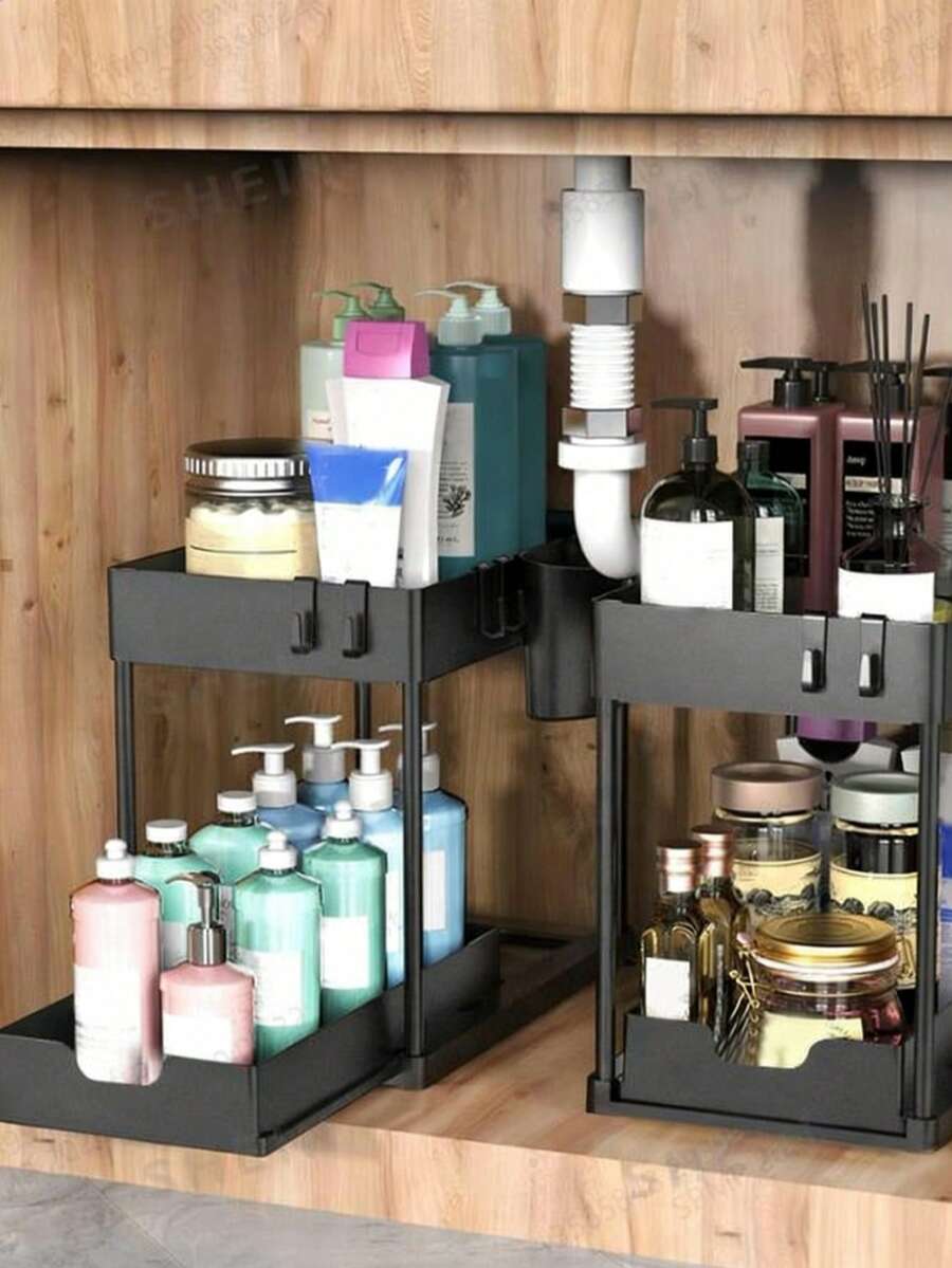 厨房双层拉出式储物架，家用多功能橱柜下收纳架，带卫生层 - 黑色 - 查看 1