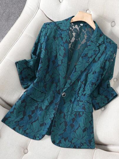 Women's Lace Blazer Jacket, Korean Style, Spring/Summer 2025 New Arrival, Elegant Sheer Green Lightweight Thin Suit Jacket For Ladies Vacation