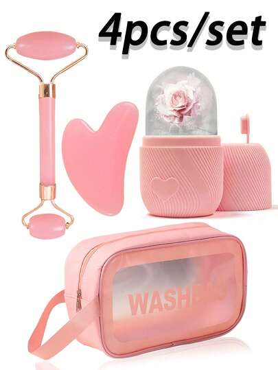 Bộ 4 con lăn làm mát mặt - Bộ con lăn đá lạnh chăm sóc da mặt, dụng cụ massage mặt, con lăn đá lạnh bằng silicon, con lăn massage thạch anh hồng kèm con lăn và bảng Gua Sha, giúp giảm bọng mắt và mặt, massage mặt, cải thiện kết cấu da, làm sáng da, thích hợp cho vùng mắt, cổ và mặt, khuôn con lăn đá lạnh hình khối - Dụng cụ chăm sóc da
