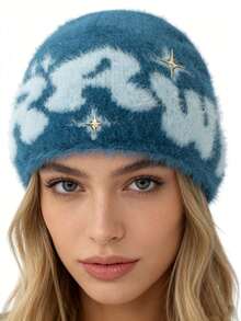 1件装 女士新款可爱街头字母刺绣毛绒猫耳保暖耳罩针织帽 - 仿貂絨RRW - 查看 1