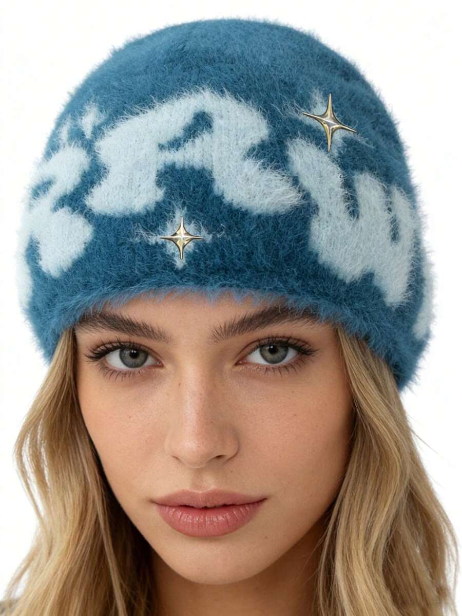 1件装 女士新款可爱街头字母刺绣毛绒猫耳保暖耳罩针织帽 - 仿貂絨RRW - 查看 1