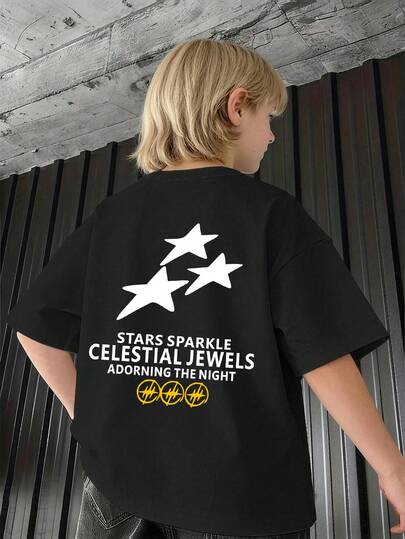 Shining Stars Are Cosmic Gems, Tween Boy Street Fashion Minimalist Star Pattern Short Sleeve T-Shirt, Suitable For Children's Summer Top, Kids Shirt