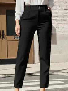 Women's Casual Business Solid Color High Waist Double Button Design Slant Pocket Slim Fit Skinny Pants - Màu Khaki - Xem 7