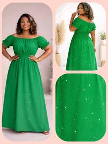 Plus Size Evangelical Long Dress, Adult, Duna Pipoca Elastex, Two Ways To Wear, One Size Fits 36-46, Updated Elegance, Comfort & Style, Boho Elegant, Party, Gathered Fabric, Ruffled Hem, Ruffled Dress, Holiday, Vacation, Daily, Home, Summer - 綠色 - 查看 1