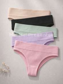 Set Of 5 Women's Basic Ribbed Panties For Everyday Comfort - Assorted Colors - 彩色 - 查看 1