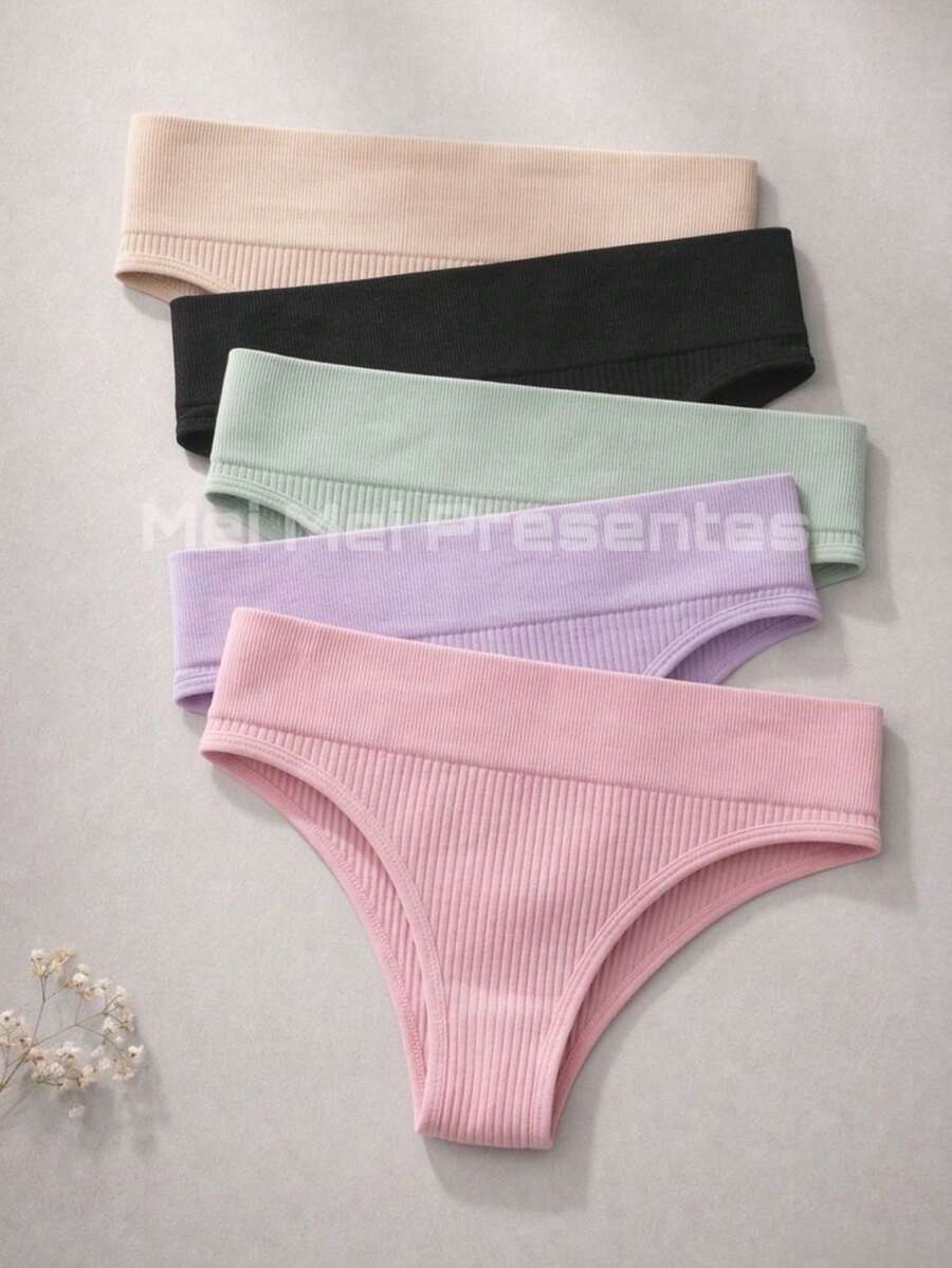 Set Of 5 Women's Basic Ribbed Panties For Everyday Comfort - Assorted Colors - 彩色 - 查看 1