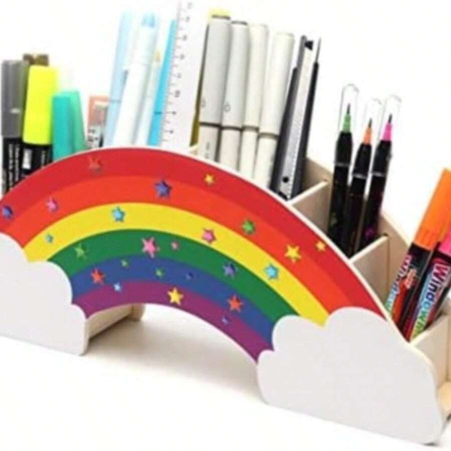 1个木质彩虹铅笔盒，木质笔筒，5格桌面收纳盒，木质桌面储物盒，学年结束返校感谢礼物