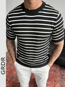 GRDR 男士极简条纹基础款圆领短袖针织衫，春夏款 - 黑色 - 查看 3