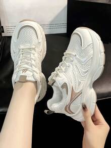 Nuevos zapatos deportivos casuales con suela gruesa y malla para primavera/verano 2025, para mujer - Caqui - Ver 5