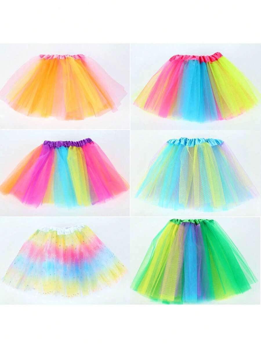 1pc 30cm Colorful Skirt, Rainbow Tulle Skirt, Tulle Skirt, Tulle Puff Skirt, Girls Rainbow Tulle Skirt - Multicolor - View 1