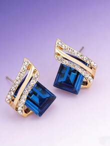 1 Đôi Quyến Rũ Hợp Kim Kẽm Kim Cương Giả Trang Trí Bông Tai Đinh Cho Nữ Trang Trí Hàng Ngày - Màu xanh lam - Xem 4