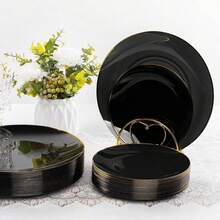 Juego de vajilla de cerámica negra con borde dorado, que incluye platos negros con bordes dorados, adecuado para diversas ocasiones como cumpleaños, fiestas, banquetes, celebraciones festivas, eventos de Año Nuevo y servicios de catering (vajilla de cerámica, lavable y reutilizable) - Negro - Ver 7