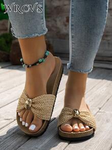 WRCVS 棕色编织款 Birkenstocks 风格女士平底凉鞋，皮革和织物拼接，透气轻便，配有搭扣和蝴蝶结装饰，柔软软木鞋底，防滑，适合沙滩、波西米亚风度假穿着。 - 棕色 - 查看 3