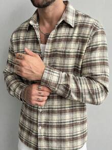 Áo sơ mi dài tay kẻ caro bằng vải nỉ dành cho nam, áo sơ mi cài nút kẻ caro màu kaki, áo sơ mi flannel dáng rộng hiện đại, áo sơ mi kẻ caro có túi phong cách đường phố đô thị. - Nhiều màu - Xem 4