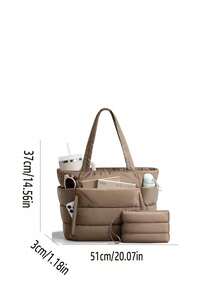 New Fashionable Classic Multifunctional Solid Color Tote Bag, Solid Color Design, Quilted Decoration, Shoulder Tote Bag, Double Handles, Fashionable Women's Shoulder Bag, Business Bag - 卡其色 - 查看 2