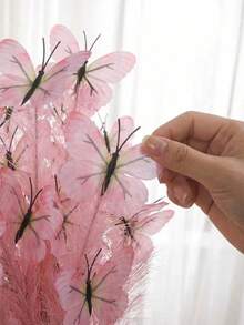 1件粉色人造蝴蝶花，蝴蝶和羽毛装饰假花，4只逼真的3D蝴蝶，家居装饰，适合花瓶插花、婚礼、家庭、办公室、派对装饰、母亲节礼物 - 彩色 - 查看 4