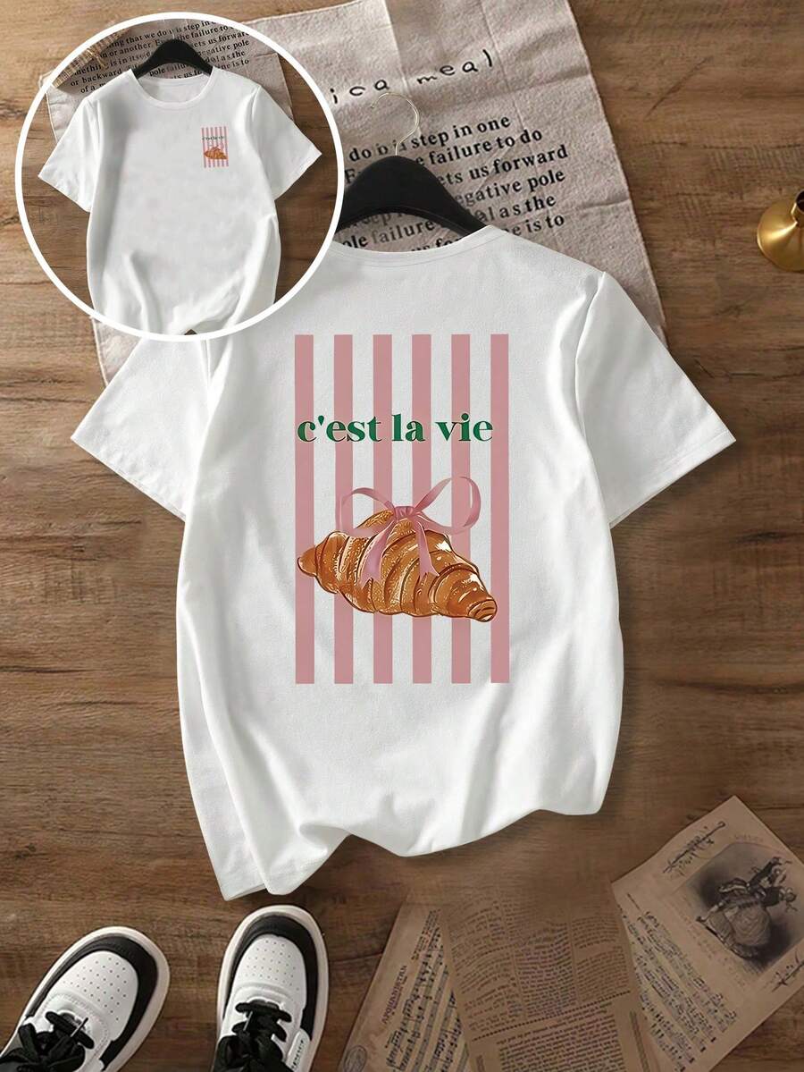 女士休闲短袖T恤，亮丽的羊角面包和条纹图案，圆领，春夏上衣，女士T恤，夏秋女装，女士外套，情人节女装，女士服装，节日服装 - 白色 - 查看 1