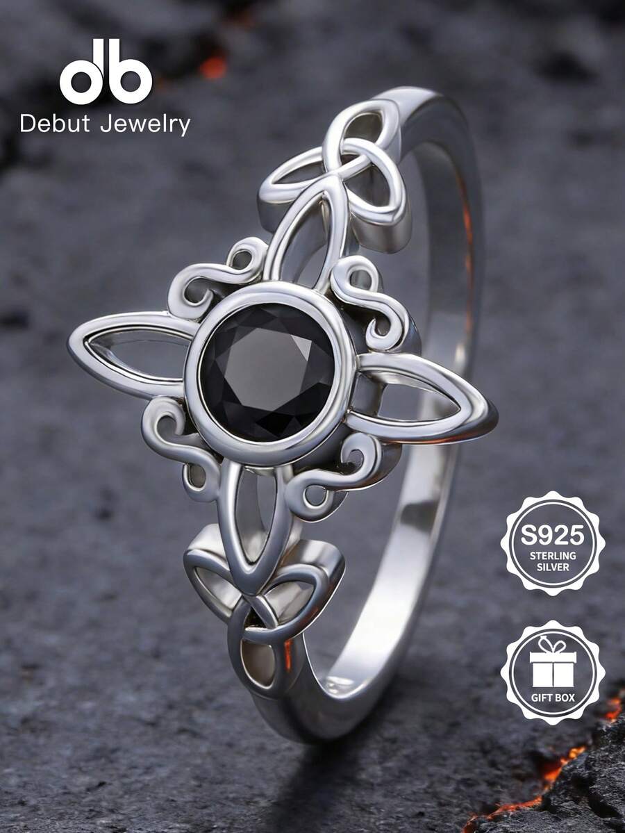 1 chiếc nhẫn phù thủy Celtic Gothic bằng bạc Sterling S925 | Khảm họa tiết phù thủy mã não đen | Nhẫn bảo vệ phù thủy dành cho cả nam và nữ, Nhẫn đôi, Thích hợp cho Halloween, Lễ Phục sinh, Đeo hàng ngày, Quà tặng cho Ngày lễ tình nhân, Ngày của mẹ, Lễ hội âm nhạc, Sinh nhật, Có hộp quà tặng
