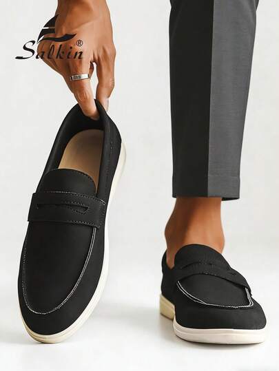 Salkin Fashion Designer Men's Moccasin Plain Suede Slip On Loafers Men Leather Shoes Gentlemen Business Social Shoes Male Daily Office Party Wedding Shoes For Men ‌Couple's Date ‌Romantic Dinner Festive Gift‌ Back To School Students Casual Shoes Preppy,Please Choose One Size Up