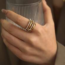 Anillo apilable multicapa de acero inoxidable, elegante diseño de moda con incrustaciones de cristal al estilo Ins, versátil y creativo - 9 de oro - Ver 5