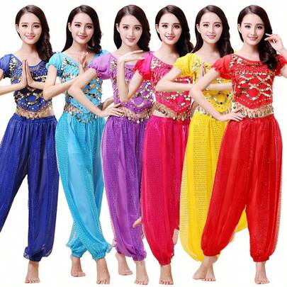 Women's Two Pieces Belly Dance Costume, Performance Outfit Including Short-Sleeved Top And Harem Pants, Adult Practice Wear