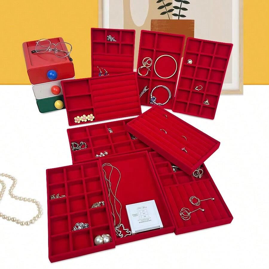 Velvet Jewelry Tray, Necklace & Ring Display Tray, Stackable Organizer, Jewelry Storage Tray - Burgundy - View 1