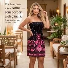 Short Strapless Dress With Elasticated Fabric And Tropical Print For Summer. - Black and Pink - View 1