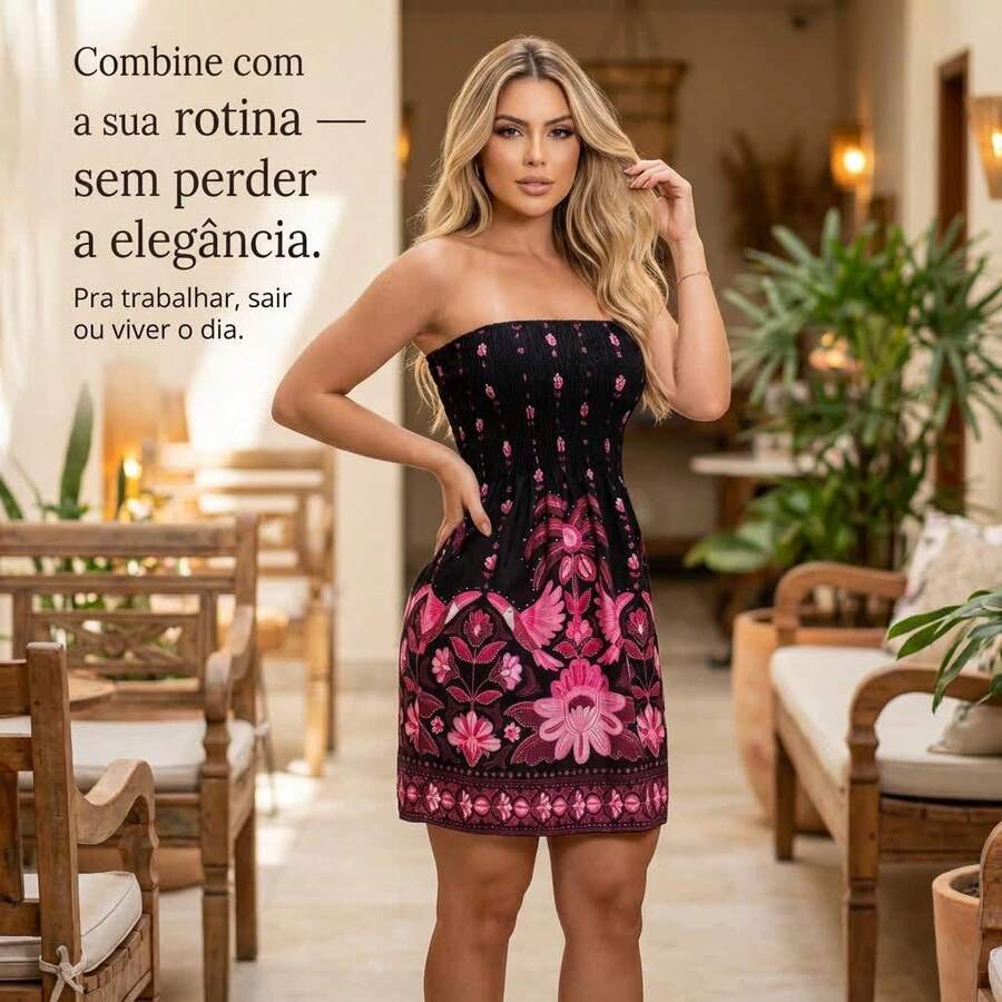 Short Strapless Dress With Elasticated Fabric And Tropical Print For Summer. - Black and Pink - View 1