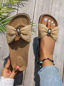 WRCVS 棕色编织款 Birkenstocks 风格女士平底凉鞋，皮革和织物拼接，透气轻便，配有搭扣和蝴蝶结装饰，柔软软木鞋底，防滑，适合沙滩、波西米亚风度假穿着。 - 棕色 - 查看 2