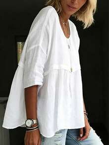Plus Size Women Solid Color Ruffle Trim Blouse, White Casual Shirt Spring - White - View 2