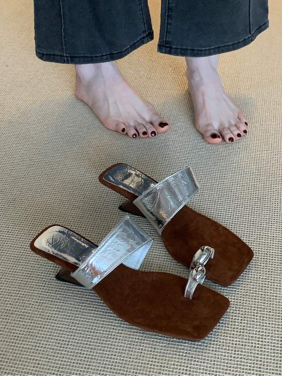 2026 New French Wedge Leopard Print One-Strap Slide Sandals For Women, Suitable To Wear With Dresses, Silver High Heel Sandals - Silver - View 1