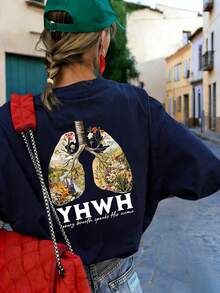 女士夏季新款YHWH植物风景印花休闲宽松百搭圆领米色短袖T恤，日常休闲上衣，适合日常和假日穿着 - 藏青 - 查看 2