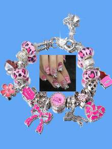 1条粉色豹纹蝴蝶结爱心吊坠手链，时尚豹纹手链，粉色豹纹樱花爱心手链，可爱巧克力爱心手链 - 銀色 - 查看 3