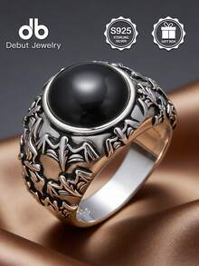 S925 Sterling Silver Black Agate Ring, Vintage Bat Carving Gothic Style Unisex Accessory, Faith Jewelry, Gothic Unisex Daily Wear Jewelry, Unisex Design, Comes With Gift Box - Black Agate Bat Ring - View 15