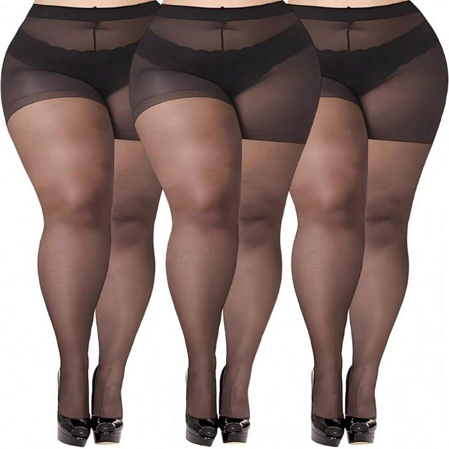 Plus Size Sheer Pantyhose - Run Resistant Thin Nylon Tights For Women Up To 300lbs, No Slide Waistband Summer Stockings, Black & Nude Plus Size Fishnet Alternative - 黑色 - 查看 1