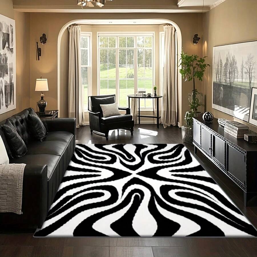 Black And White Patterned Entrance Balcony Area Rug, Soft And Luxurious Home Office Rug, Suitable For Indoor And Outdoor Use, Living Room, Bedroom, Kitchen, Farmhouse And Camping Decor, Machine Washable, Available In Various Sizes - 簡約款 - 查看 1