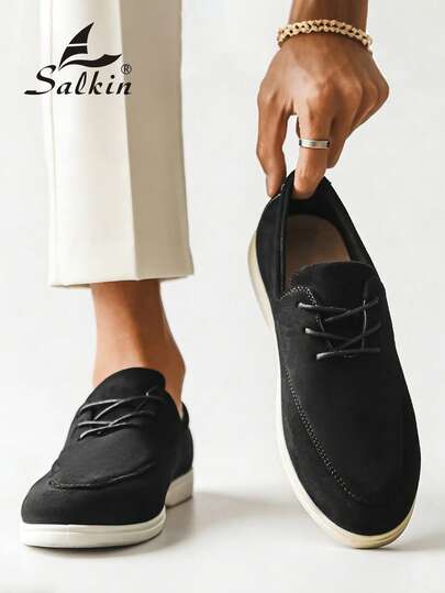 Salkin Fashion Designer Men's Moccasin Plain Suede Slip On Loafers Men Leather Shoes Gentlemen Business Social Shoes Male Daily Office Party Wedding Shoes For Men ‌Couple's Date ‌Romantic Dinner Festive Gift‌ Back To School Students Casual Shoes Preppy,Please Choose One Size Up