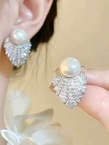 1件复古水钻珍珠耳环，夸张时尚奢华优雅女士耳环 - 彩色 - 查看 2