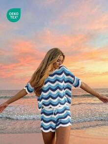 Women's Spring European And American Fashion Hollow Crochet Knit Short Sleeve Top And Casual Shorts Two Pieces Set Vacation - 多色 3 - 查看 2