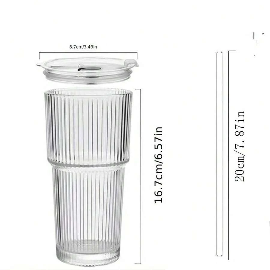 一套条纹玻璃杯,带吸管和盖子,便携式简约风格水瓶,竖条纹玻璃杯,可重复使用的高品质咖啡和果汁杯,多功能饮料容器,适合家庭、办公室、海滩、各种聚会,适用于咖啡、茶、威士忌、牛奶、冰饮和拿铁。 - 無色 - 查看 1