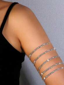 1pc Simple And Fashionable Five Layers Rhinestone Elastic Arm Chain, Bridesmaid Bracelet For Wedding Halloween - Silver - View 7