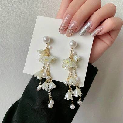 Elegant Pearl Flower Tassel Drop Earrings Vintage Gold Floral Dangle Earrings For Women Wedding Jewelry