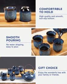 Dujust Japanese Tea Set, Cyan-Blue Porcelain Tea Set With 1 Teapot, 6 Tea Cups, 1 Tea Tray, 1 Stainless Steel Infuser, Asian Tea Set For Tea Lovers - Light Blue - View 5
