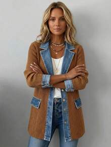 Women's Patchwork Design Coat, New Autumn Arrival, Elegant Slim Fit Long Sleeve, European & American Style - Khaki - View 1