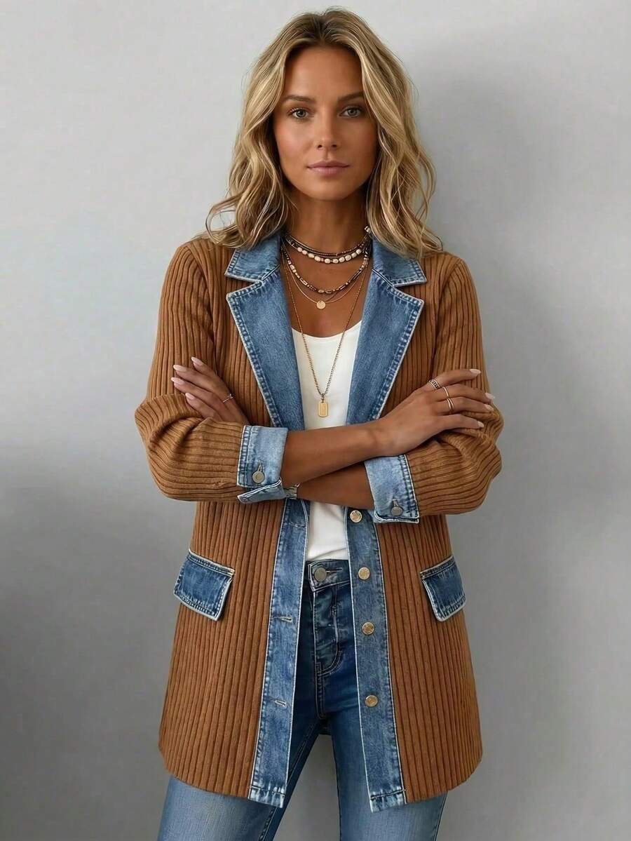 Women's Patchwork Design Coat, New Autumn Arrival, Elegant Slim Fit Long Sleeve, European & American Style - Khaki - View 1
