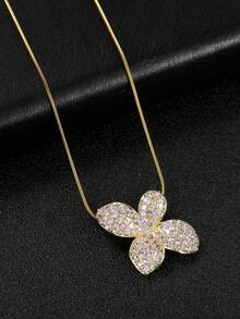 1pc Fashion Cubic Zirconia Flower Pendant Necklace, Snake Bone Clavicle Chain, Daily Wear Gift For Women - Gold - View 4