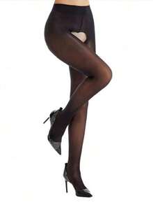 1/2 双女士开裆性感黑色丝袜 - 黑色 - 查看 1