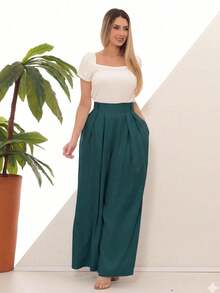 Women's Wide Leg High Waist Wide Leg Pants - Teal Blue - View 3